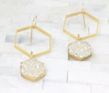 Gold blue Drop earrings, enamel-hexagon- geometric-minimalist black crystal