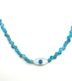 Evil eye mother of pearl marquise shape and blue gemstone necklace
