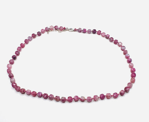 Short blue pink rhodolite knotted beads necklace