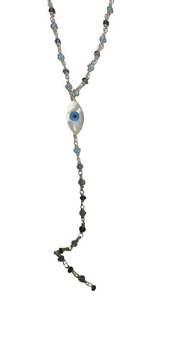 Y necklace mother of pearl - double evil eye talisman silver