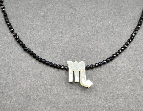 zodiac mother of pearl necklace. Black spinel. Scorpio