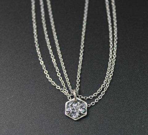 triple chain silver tone chain and stardust mini hexagon