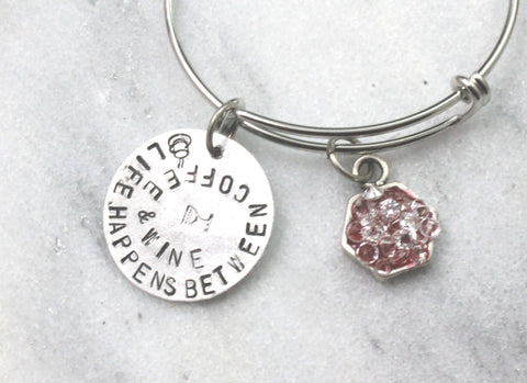 life happens between coffee and wine, silver tone adjustable bangle