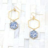 Gold blue Drop earrings, enamel-hexagon- geometric-minimalist black crystal