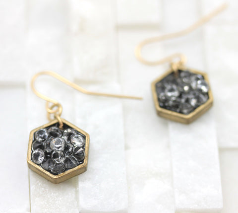 Hexagon- small dangle earrings- crystal- gold- geometric- gold earrings-