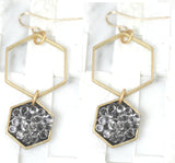 Gold blue Drop earrings, enamel-hexagon- geometric-minimalist black crystal