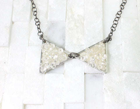 Large bowtie-minimalist-crystal necklace- silver & matte gunmetal-