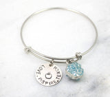 hope love life- stamped in Greek- adjustable bangle bracelet, enamel and crystal accent- silver tone