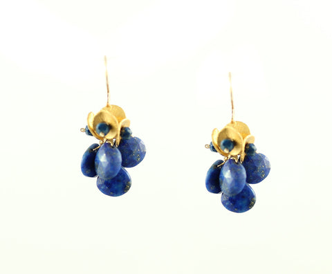Lapis Cluster earrings, dangly gold