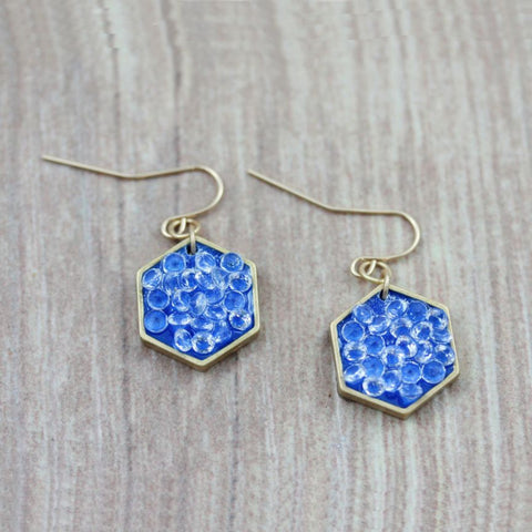gold and blue hexagon geometric earrings