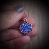 gold and blue hexagon geometric earrings
