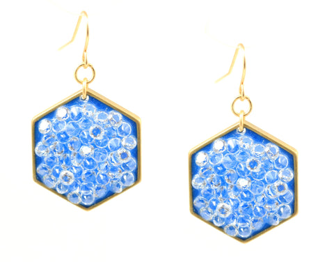 Hexagon- dangle earrings- blue dangle- gold earrings- statement earrings- cobalt