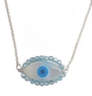 Large mother of pearl evil eye talisman. Aqua quartz on sterling silver