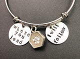 Where you lead I will follow adjustable bangle bracelet, enamel and crystal accent- silver tone