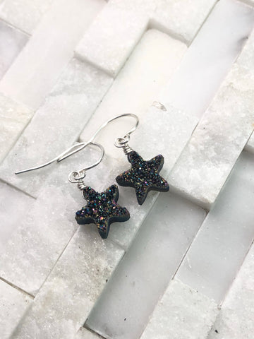Black druzy star earrings