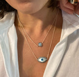 Large mother of pearl evil eye talisman. Aqua quartz on sterling silver