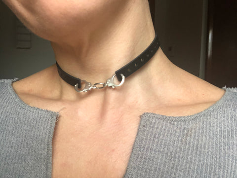 Extra small handcuff choker necklace. Black leather