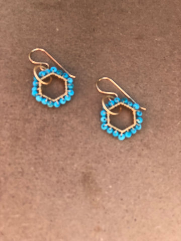 Hexagon turquoise hoop earrings gold plate